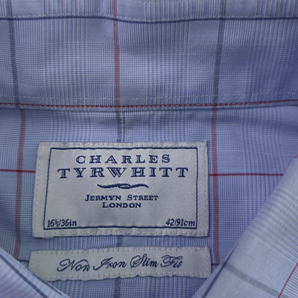 Charles Tyrwhitt Dress Shirt 16.5 36 Non Iron Slim Fit Blue Check Point Collar - Picture 3 of 10